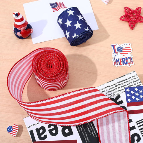 Whaline Patriotic Wired Edge Ribbon 2 Rolls Stars Stripes Craft Ribbon 4th of July USA Flag Fabric Ribbon for Independence Day Memorial Day Wreath...