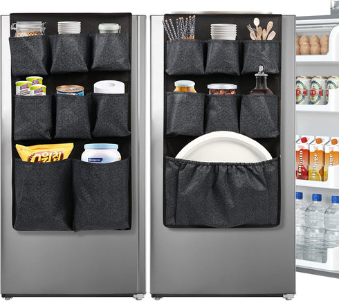 Mini Fridge Caddy Organizer Storage Bag, Over The Fridge Storage Organizer with 15 Extra Large Fabric Pockets for Plate, Silverware, Spice, Cutler...