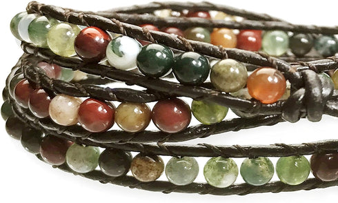 "Hot Mix Color India Agate Stainless Steel Snap Button Lock Genuine Leather Bracelet...