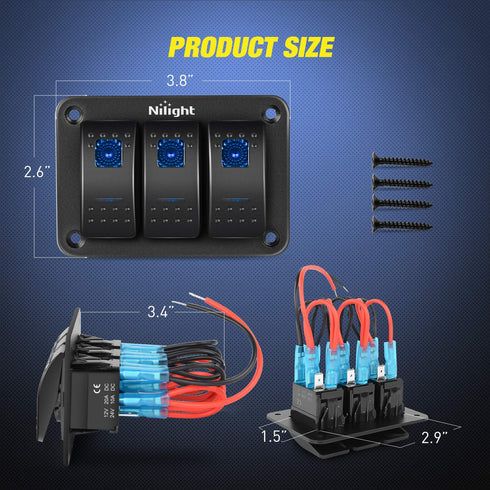 Nilight 90017C 3 Gang Aluminum Panel Toggle Dash 5 Pin On/Off Pre-Wired Rocker Switch Holder for Automotive Car Marine Boat, 2 Years Warranty,Blue...
