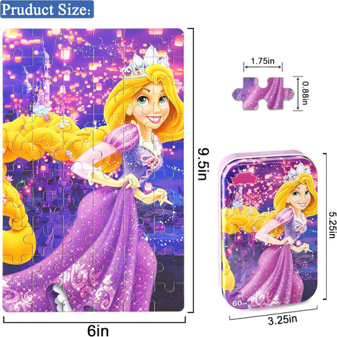 LELEMON Princess Puzzles in a Metal Box 60 Piece Long Hairs Princess Jigsaw Puzzle for Kids Ages 4-8 Children Learning Educational Puzzles Toys...