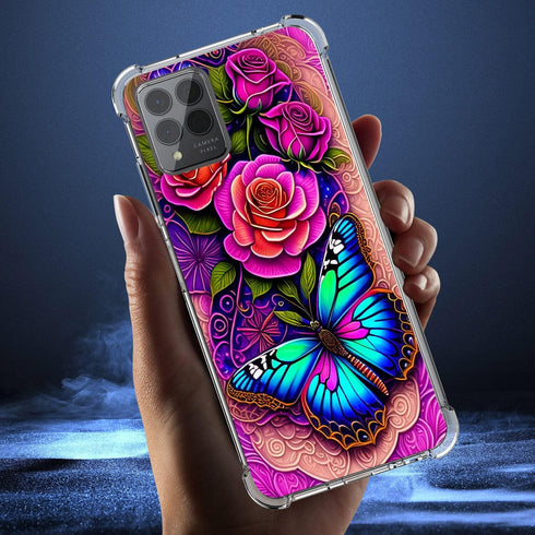 REVVL 6X Pro 5G/REVVL 6 Pro 5G Case,Blue Butterfly Flowers Rose Drop Protection Shockproof Case TPU Full Body Protective Scratch-Resistant Cover f...