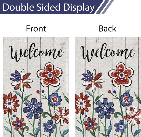 Welcome 4th of July Garden Flag 12x18 Inch Double Sided, Patriotic Independence Day Flower Yard Flag for Memorial Day Outdoor House Decorations (O...