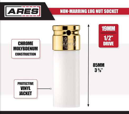 ARES 70021-1/2-Inch Drive 19MM Non-Marring Lug Nut Socket - Protective Sleeve Protects Custom Rims and Lug Nuts from Damage - Color Coded and Lase...