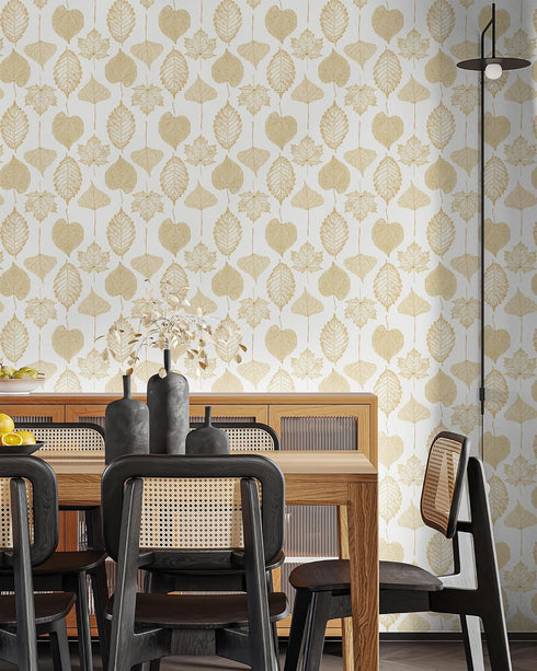 16.1"x118"Peel and Stick Wallpaper Boho White and Gold Wallpaper Leaf Textured Vintage Wallpaper Self Adhesive Wallpaper Removable Wallpaper Vinyl...