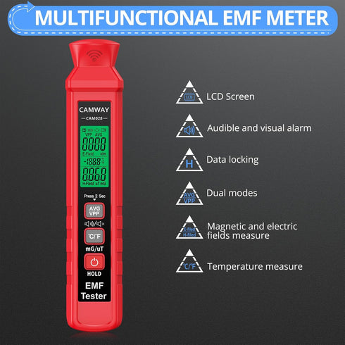 CAMWAY EMF Meter,Digital Electromagnetic Radiation Detector Handheld LCD EMF Detector, 1-1999V/M,0.01-99.99uT,EMF Reader with Flash Buzzer Alarm,f...