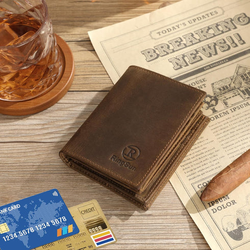 Ringsun Full Grain Leather RFID Blocking Bifold Wallet for Men with ID Window Slim Wallet with 11 Card Slots...
