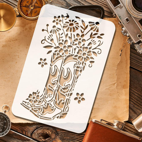 FINGERINSPIRE Cowboy Boots and Flower Painting Stencil 8.3x11.7inch Reusable Western Theme Drawing Template PET Plastic Hollow Out Stencils for Pa...
