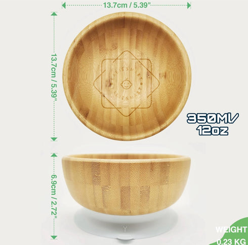 Baby Bamboo wooden Bowl and Spoon Feeding Set Removable Silicone Suction Cup for Kids / 12oz / Non-Toxic/Ideal for Baby-Led Weaning (Gray)...