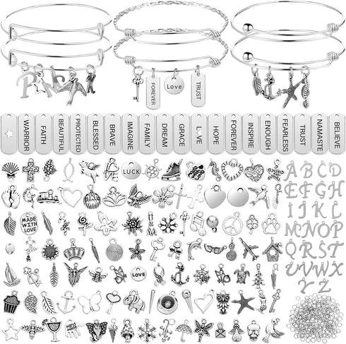 363 Pcs Silver Expandable Bangle Bracelets Charm Bracelets DIY Kit, 17 Pcs Adjustable Wire Bangles, 146 Pcs Charms Pendants, 200 Pcs Open Jump Rin...