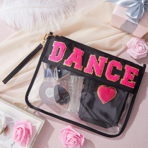 Hillban 2 Pcs Dance Theme Gifts Chenille Letter Bags Dance Preppy Patch Makeup Bag Flat Clear Pouch PVC Organizer Purse Waterproof Travel Cosmetic...