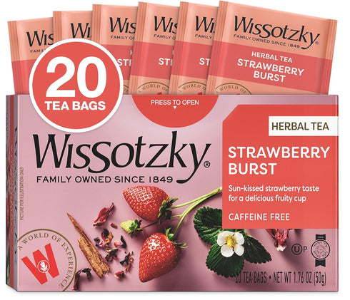 Wissotzky Strawberry Burst Herbal Tea, 20 Tea Bags | Fruity Blend | Caffeine Free Tea | Antioxidant Rich...