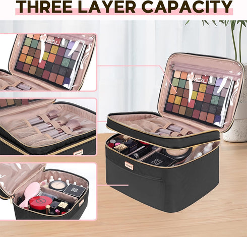 8.8L Double Layer Travel Makeup Bag Women, Large Cosmetic Case, Organizer for Travel-Size Accessories Bottles, Brushes, and Skin Care Products, Bl...