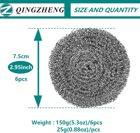 Stainless Steel Scourer Kitchen and Household, Steel Cleaning Dishes, Middle Size Scrubbers (6Pcs*25g)...