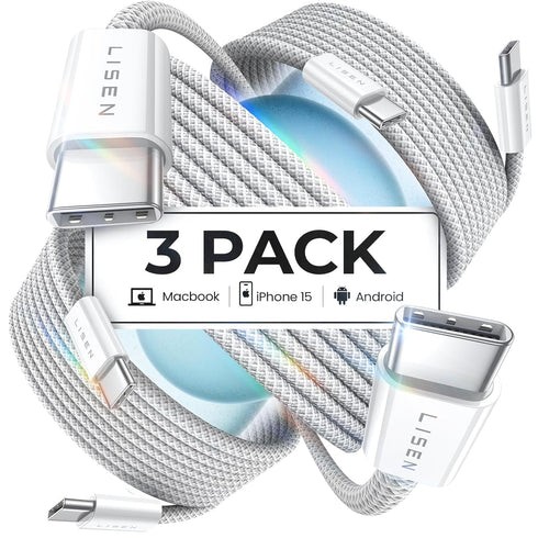 LISEN USB C to USB C Cable Fast Charging, 60W 3-Pack 10ft USB C Cable Type C Fast Charging Charger Cable for iPhone 15 Pro Max Plus Samsung S24 S2...