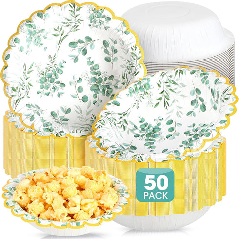 50 Pcs Sage Green Disposable Bowls Bulk 12 oz Eucalyptus Paper Bowl Greenery Snack Bowl Tea Party Supplies Decorations for Baby Shower Wedding Bri...