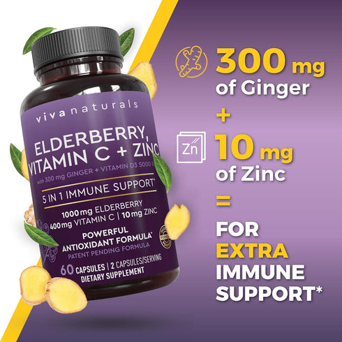 Viva Naturals Sambucus Elderberry with Zinc and Vitamin C for Adults, Vitamin D 5000 IU and Ginger - Immune Support Supplement, 60 Count - Black D...