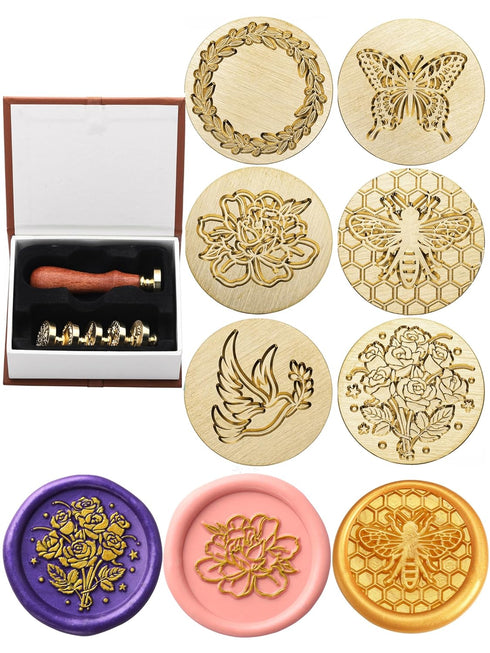 Yoption Wax Seal Stamp Gift Box Kit, 6 Pieces Flowers and Animals Sealing Wax Stamp Heads with 1 Wooden Hilt Set, Wax Stamp Kit for Envelopes Invi...