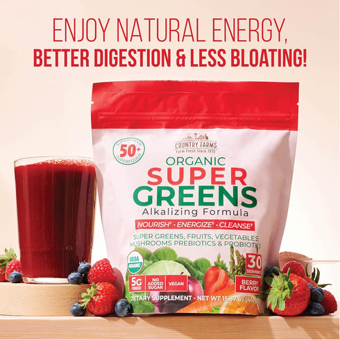 COUNTRY FARMS Super Greens Berry Flavor, 50 Organic Super Foods, USDA Organic Drink Mix (Wheat Grass, Spirulina, Chlorella) Mushrooms & Probiotics...