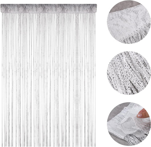 Door String Curtain, Wall Panel Fringe Window Room Divider Blind, Home Patio Bedroom Decorative Tassel Screen Ribbon Strings Strip Silver Thread S...