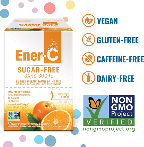 Ener-C Sugar Free Energy Orange Multivitamin Drink Mix Vitamin C 1000mg & Electrolytes - Natural Immunity Support with Real Fruit Juice Powders No...