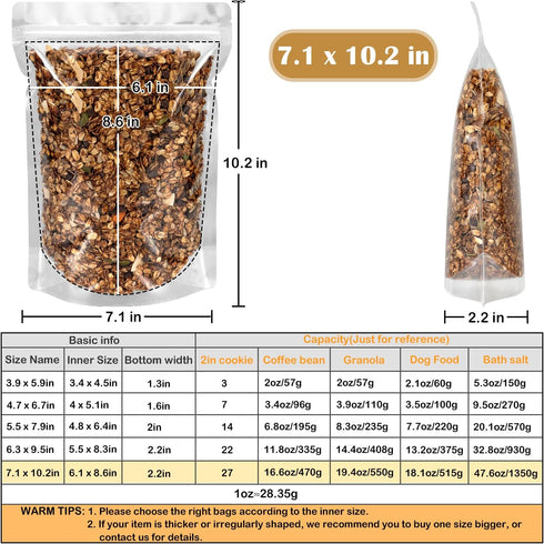 Blisstime 50 Pack Stand Up Pouch Bags, Resealable Clear Self-seal Pouches with Tear Notch for Food Packing (7 X 10.2 Inches)...