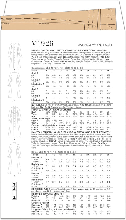 Vogue Misses' Coat Sewing Pattern Kit, Design Code V1926, Sizes 8-10-12-14-16...