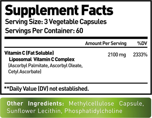 Liposomal Vitamin C 2100mg- 180 Capsules High Absorption Ascorbic Acid - Supports Immune System and Collagen Booster - Powerful Antioxidant High D...