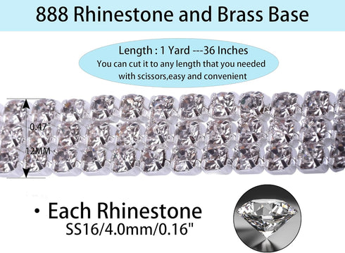 KAOYOO 3 Row Soldered Rhinestone Chain Trim, 1 Yards, 4.0mm Clear Crystal Cup Chain in Silver Setting, Flatback Bling Strip for Jewelry Making, Dr...