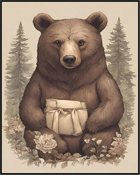 Posterizer 1 pcs- Grizzly bear with a white bag sitting on flowers-Art for Animal Lovers-Abstract & Modern Art- Gift for Men Women Teens-Decor fo...