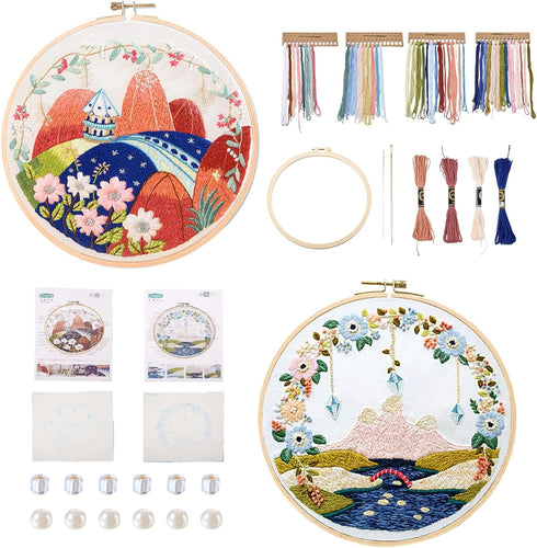 Mountains and Sea 2 Sets Embroidery Starter Kit with Patterns and Instructions for Beginners Adults Counted Stamped Cross Stitch Needlepoint Kit w...