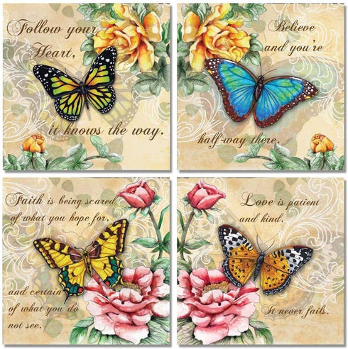 4 Beautiful Butterflies and Flowers Inspirational Quotes Butterfly Art Prints 12x12...