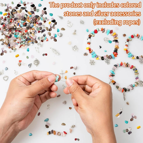 Natural Chip Stones for Bracelet - 400pcs 5mm to 8mm Gemstones Healing Loose Rocks Bead Hole Drilled DIY with 30pcs Silver Charms for Bracelet Nec...