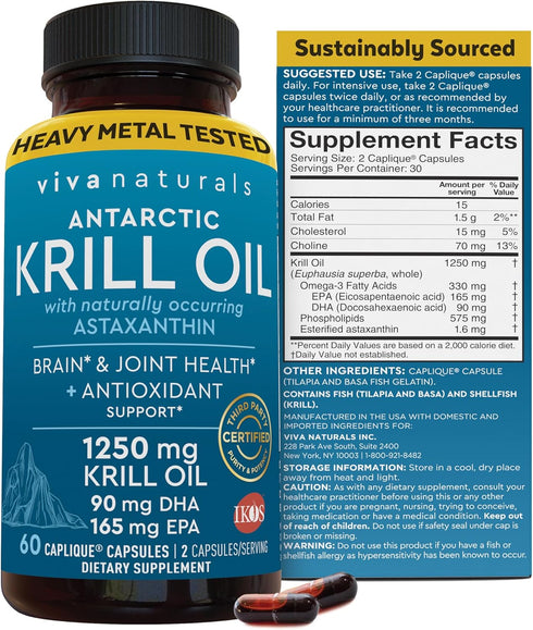 Viva Naturals Antarctic Krill Oil Omega 3 Fatty Acid Supplements 1250 mg, High EPA DHA & Astaxanthin Concentration for Brain, Joint Health & Antio...
