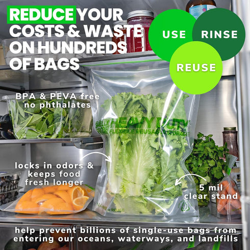 Smelly Proof HEAVY DUTY Reusable STAND-UP Ziplock Bags for Food Storage, USA Made, NO PEVA & BPA FREE, Reusable Freezer Bags, Dishwasher-Safe, Tri...
