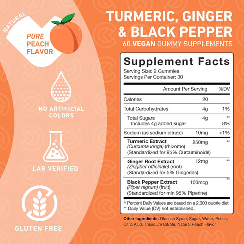 Turmeric Ginger & Black Pepper Gummies for Adults – Turmeric Curcumin Chewables to Support Joint Health, Delicious Peach Flavor – Gluten Free, Veg...