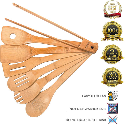 Wooden Spoons for Cooking 7-Pack – Bamboo Kitchen Utensils Set for Nonstick Cookware - Wooden Cooking Utensils Set, Wood Spatula Spoon Tongs...