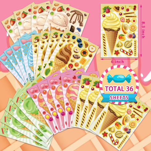 Ice Cream Party Kids Sticker Sheets, 36 Sheets Build Your Own Stickers, Mix And Match Ice Cream Decals Stickers, DIY Crafts Stickers Face Stickers...