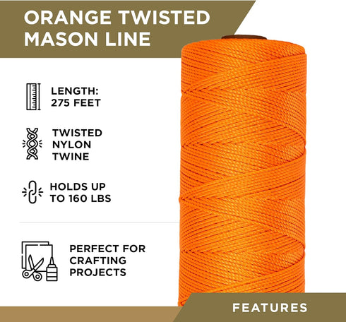 ATERET Orange Mason Line String Line, 3 Rolls 250ft Length, 18 Braided Nylon String, Nylon Twine String for Gardening Or Masonry Tools, Multipurpo...