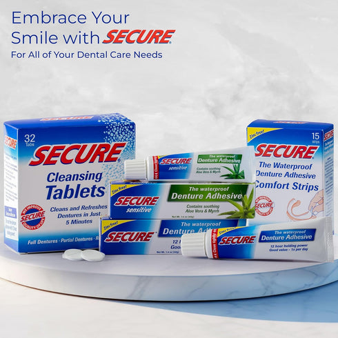 Secure Waterproof Denture Adhesive - Zinc Free - Extra Strong 12 Hour Hold - 1.4 oz (Pack of 2)...