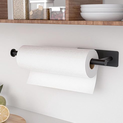 Paper Towel Holder Under Cabinet - Black Wall Mount Paper Towel Hanger, Stainless Steel, Self-Adhesive or Drilling, for Kitchen, Bathroom, RV...