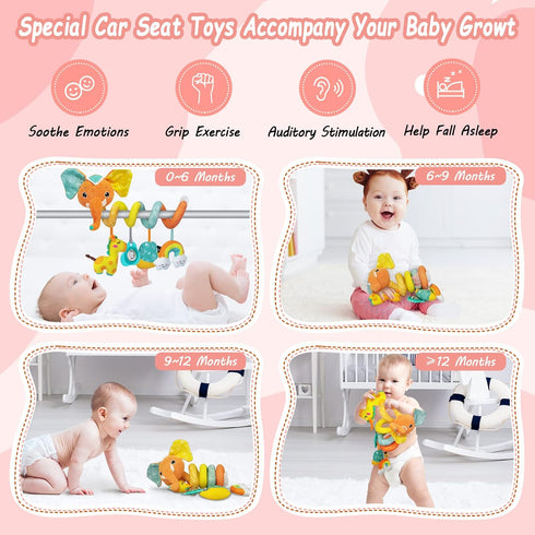 FATI Car Seat Toys Baby Toys 0-6 Months, Newborn Toys Infant Toys 0-3 Months, Stroller Toys for Baby Crib Carseat, Sensory Toys with Squeaker Teet...
