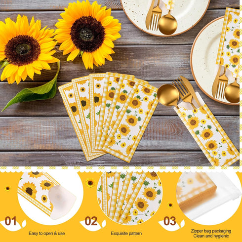 100 Pieces Silverware Bags Sunflower Party Supplies Wedding Silverware Sleeves Sunflower Themed Utensil Holder Paper Silverware Bag Disposable Cut...