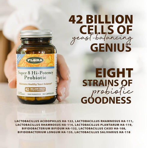 Flora - Super 8 Hi-Potency Probiotic - Daily Probiotic for Gut & Digestive Health - 42 Billion CFU - Contains Lactobacillus & Bifidobacterium Stra...