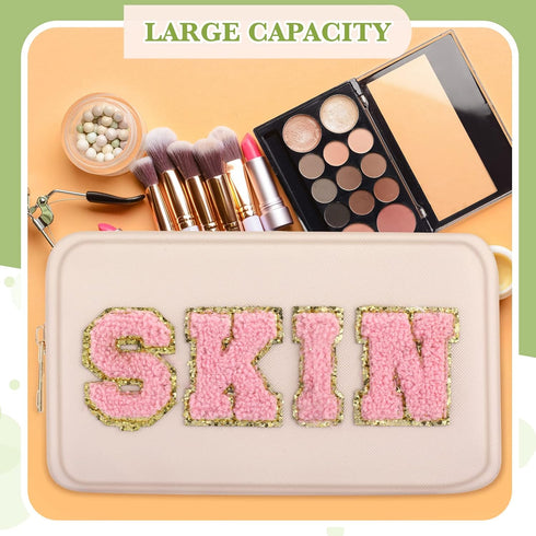 Sanwuta 4 Pcs Chenille Bag Preppy Patch Makeup Bag Cosmetic Bag Chenille Letters Toiletry Bag PU Leather Waterproof Portable Pouch Travel Organize...