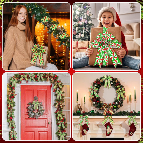 Riceshoot 4 Roll 40 Yards Christmas Green Red Ribbon Wired 1.97 Inch Christmas Glitter Stripe Ribbon Wide Green Red Wired Edge Xmas Polka Dot Ribb...