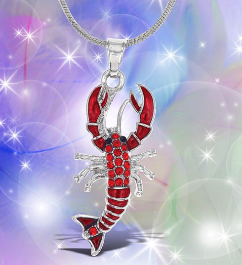 Silver Lobster Sparkling Crystal Pendant Necklace - Cute Necklace with Lobster Sparkly Jewelry, Elegant Ocean Life Animal Silver Charm Necklace Gi...