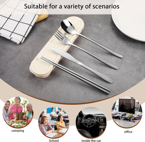 INKULEERTravel cutlery set, 18/8 stainless steel cutlery, Reusable utensils set with case, Portable Silverware Lunch Box for Camping and Office (S...