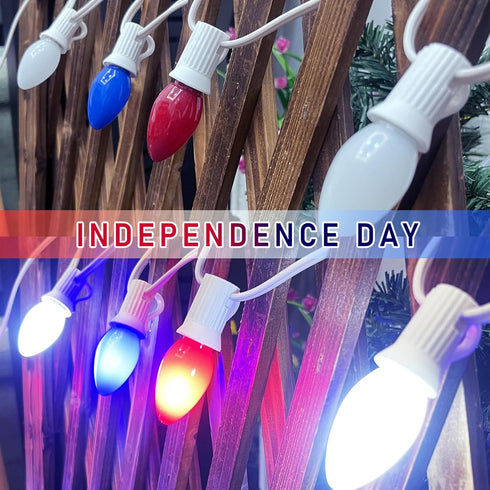 Red White and Blue C7 Outdoor Lights, 25Ft 4th of July Patriotic String Lights with 27 Red White Blue LED Bulbs, Fourth of July Decorations Waterp...