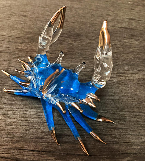 Garden Deco Glow in The Dark Blue Gloden Crab Hand Blown Art Glass Figurine Ornament Sculpture...